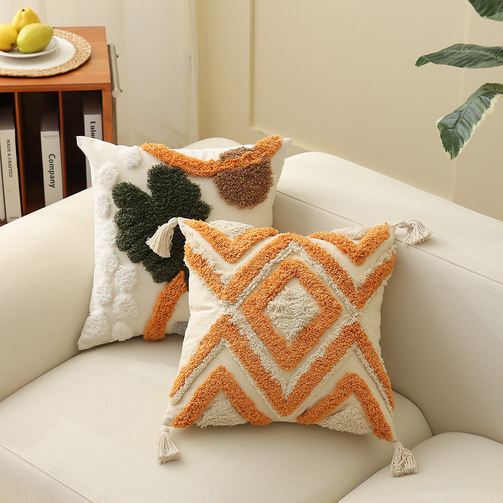 Boho-woven decorative cushion with textured chenille applications