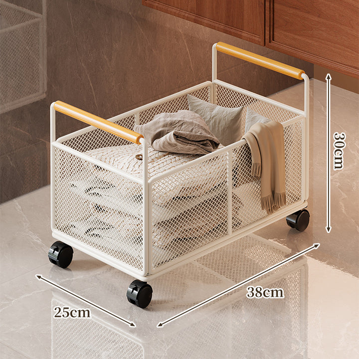 Freestanding Mesh Storage Crate with Wooden Grip Handles for Living Room and Laundry