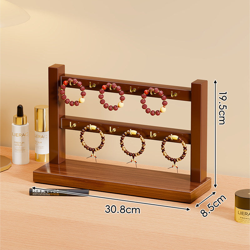 Triple-Tier Wooden Bracelet and Bangle Organizer Display Stand with Gold Hooks