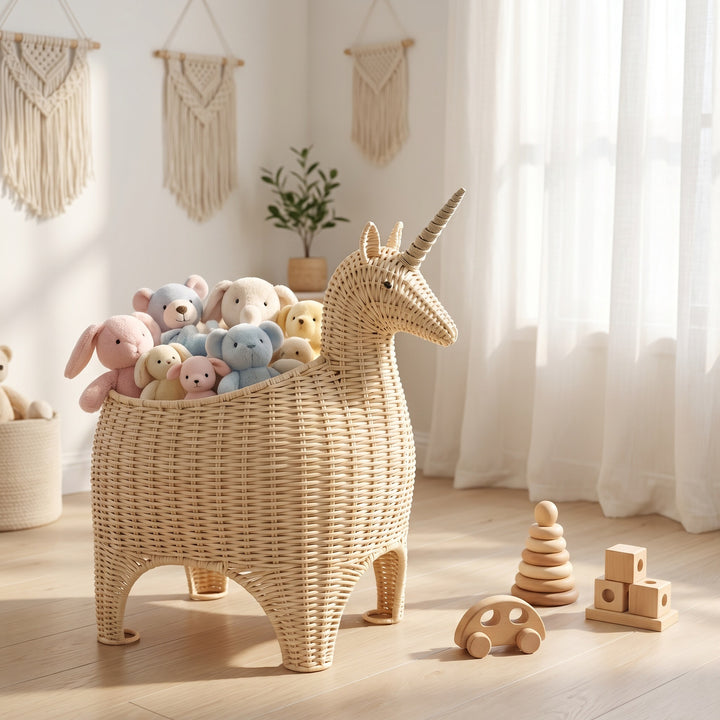Playful storage basket in unicorn shape