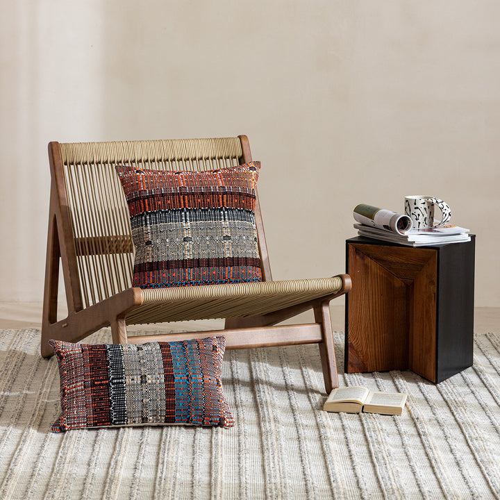 Square woven decorative pillow cover with textured block stripe weaving and concealed zipper
