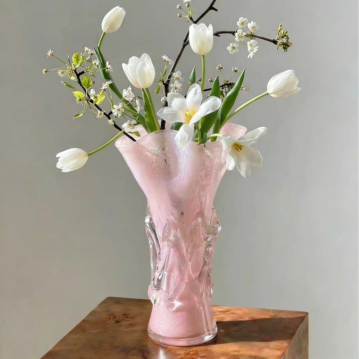 Iridescent Hand-Blown Sculptural Ruffled-Rim Art Glass Vase