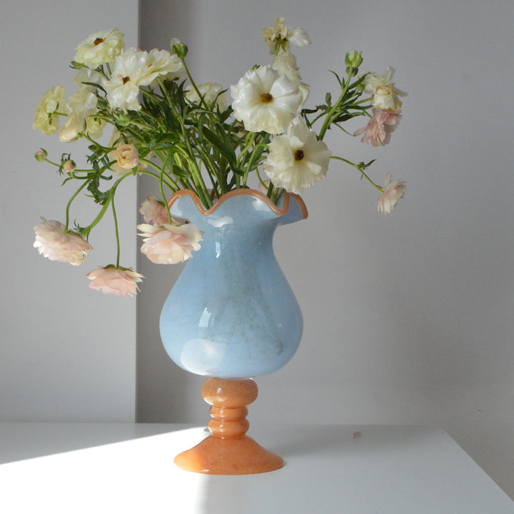 Artisanal Hand-Blown Rippled Pedestal Glass Centerpiece Vase