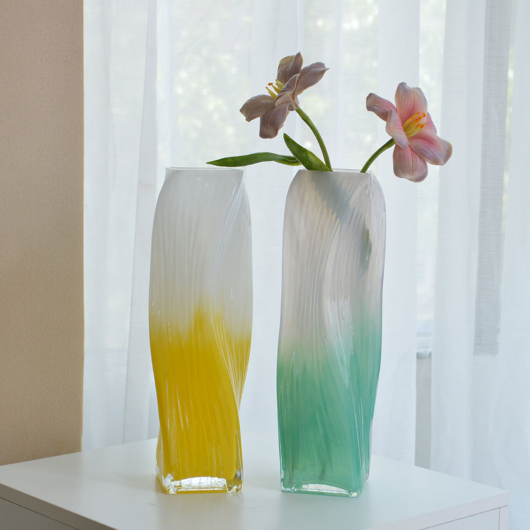 Hand-Blown Tall Ombre Ribbed Glass Floor Vase