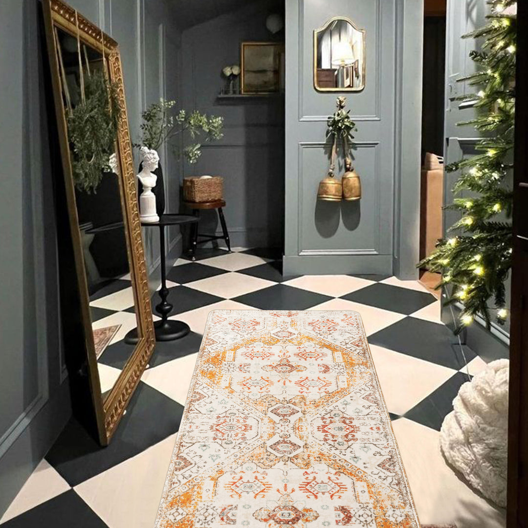 Oriental rug in Persian medallion style, machine-knotted short pile rug