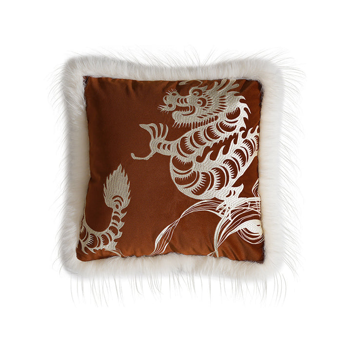 Square velvet decorative pillow with embroidered dragon motif and faux fur trim