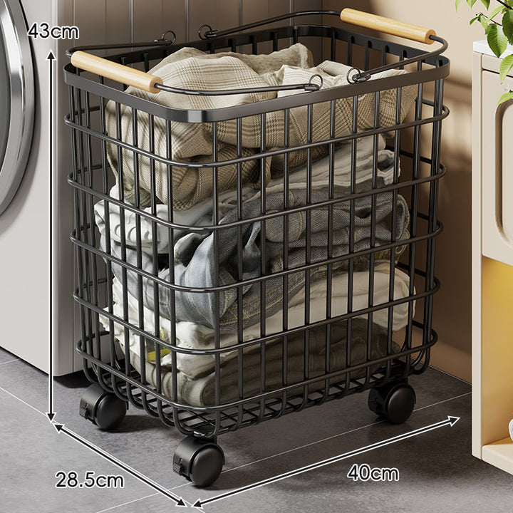 Ventilated Square Wire Laundry Cart with Wood-Grip Handles and Locking Casters