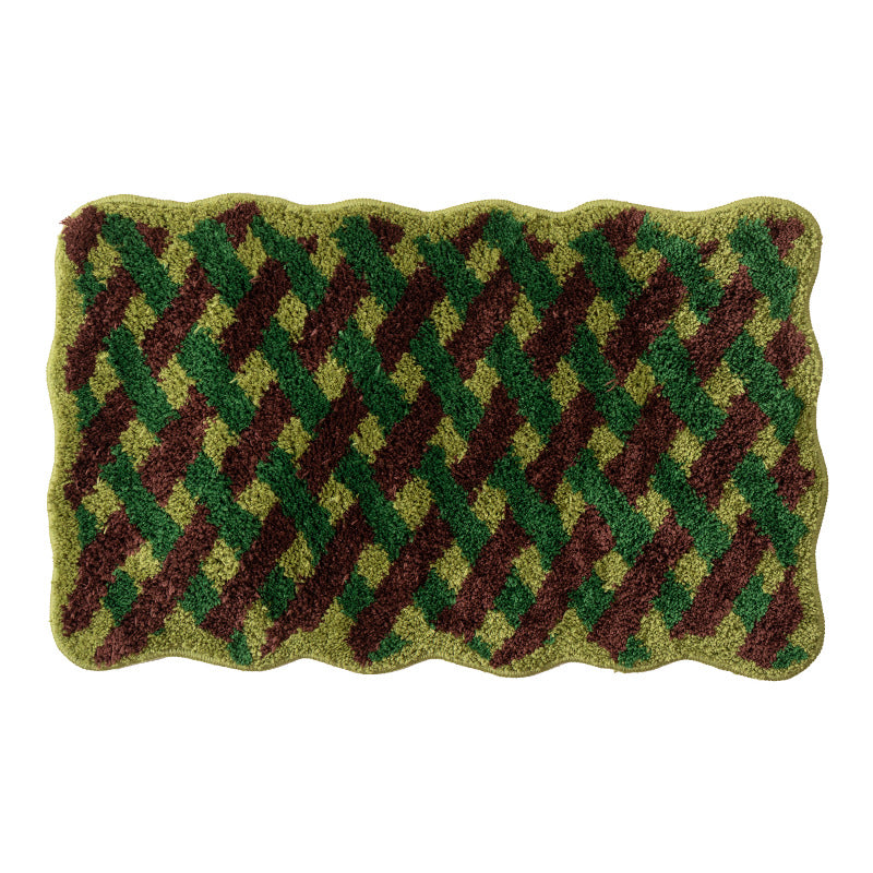 Tufted bathroom runner with wavy hem and relief-style braided pattern