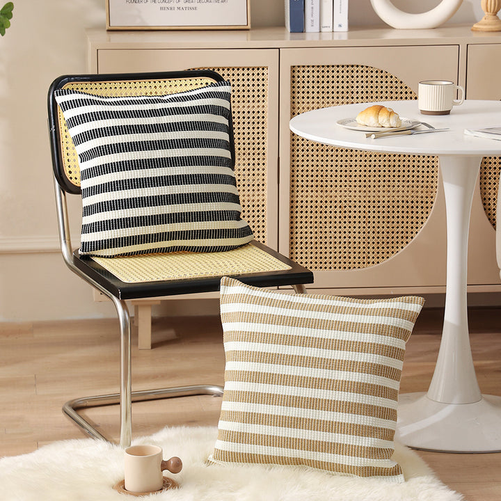Woven decorative cushion cover with horizontal stripe pattern and concealed zipper