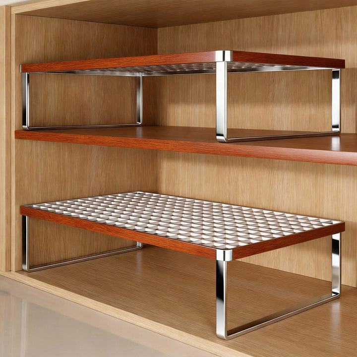 Low-Profile Metal Grid Cabinet Shelf Riser Organizer