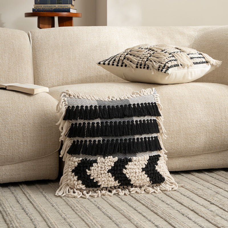 Boho cushion cover with macrame, tassels and relief texture