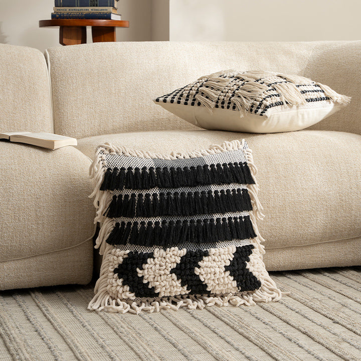 Boho cushion cover with macrame, tassels and relief texture