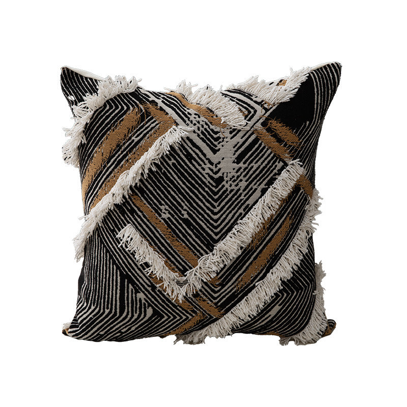 Woven square decorative cushion with fringe application and geometric pattern