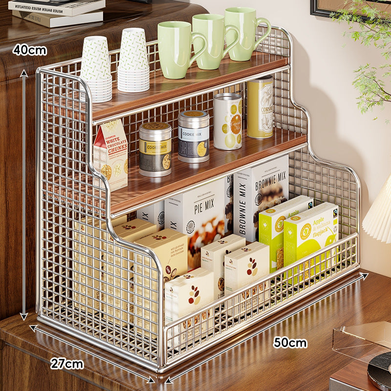 Multi-Tier Mesh Metal and Bamboo Countertop Pantry Organizer Shelf
