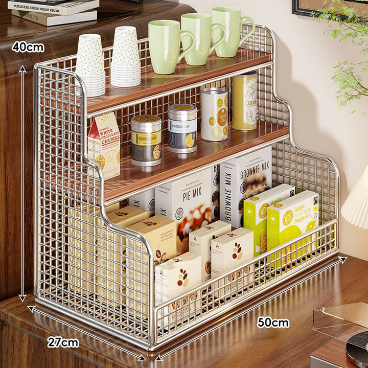 Multi-Tier Mesh Metal and Bamboo Countertop Pantry Organizer Shelf