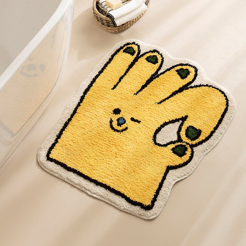 Shaped bath mat in hand shape with tufted chenille texture and non-slip underside