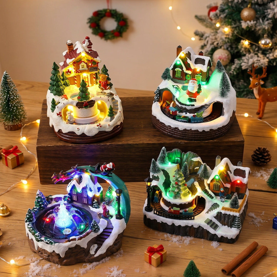 Illuminated Christmas village decoration with moving figures