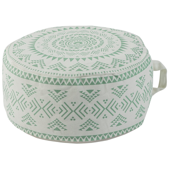 Beef seat pouf made of sturdy cotton blend with ethnic mandala print and carrying handle