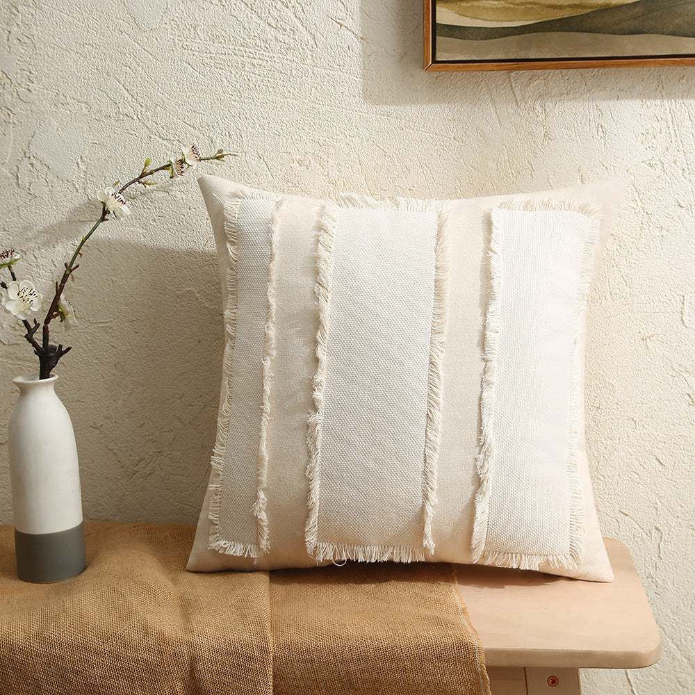Fringed Patchwork Linen-Blend Square Decorative Throw Pillow Cover