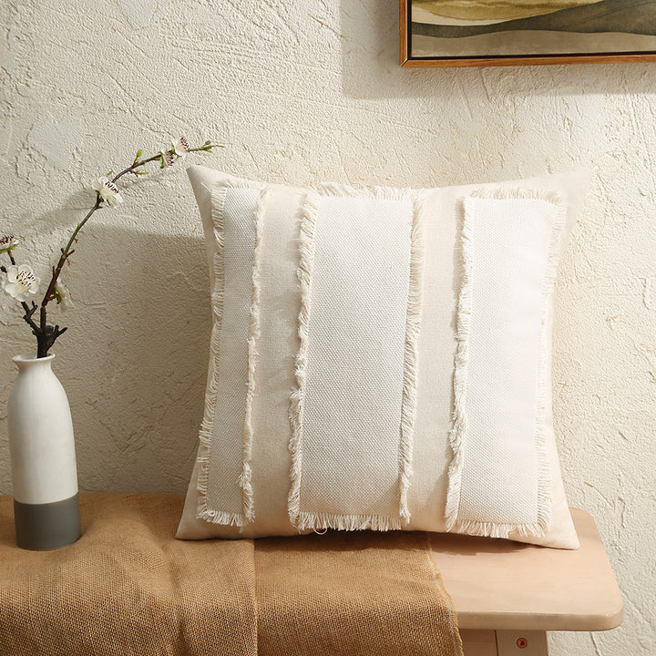 Fringed Patchwork Linen-Blend Square Decorative Throw Pillow Cover