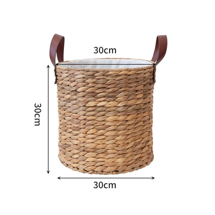 Braided storage basket with leather handles