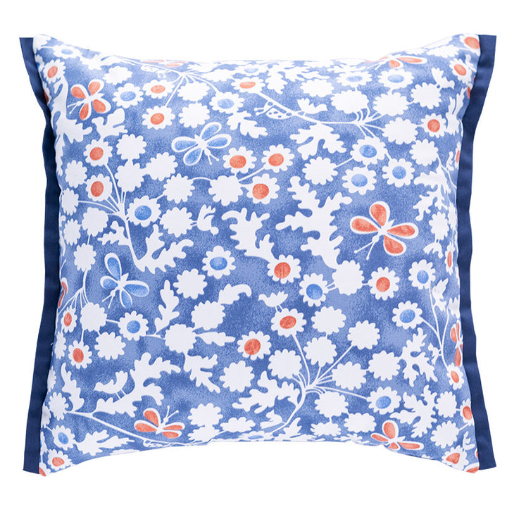 Square decorative cushion cover with botanical leaf print, cotton-linen mix and contrasting piped edge