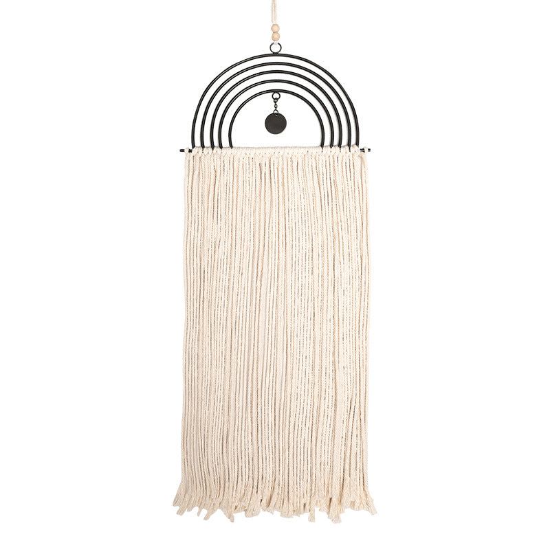 Boho macrame wall hanging with semicircle metal frame and long fringes