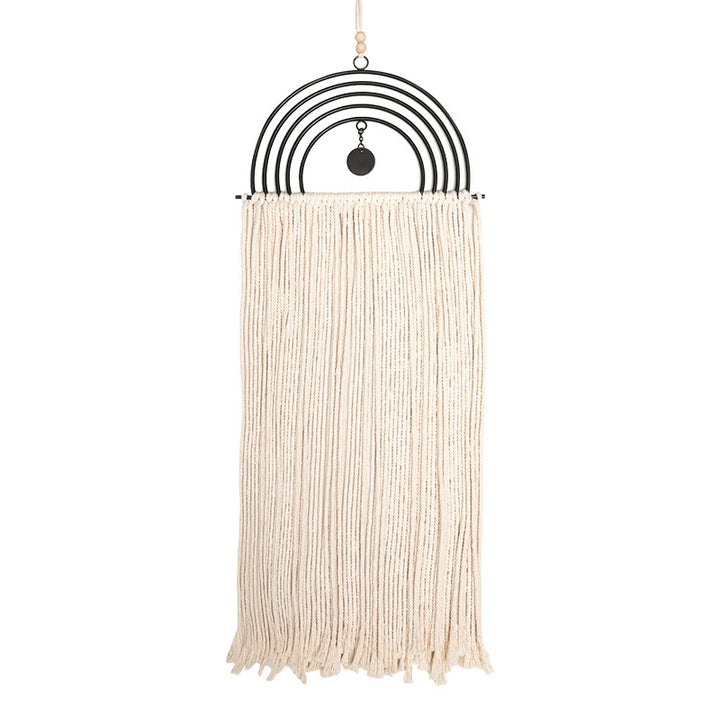 Boho macrame wall hanging with semicircle metal frame and long fringes
