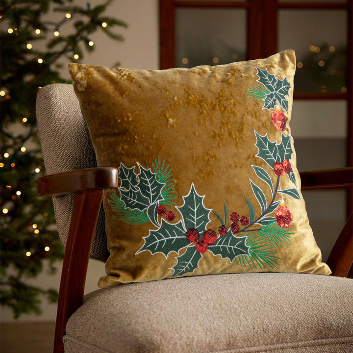 Rectangular velvet cushion cover with embroidered Christmas ornaments