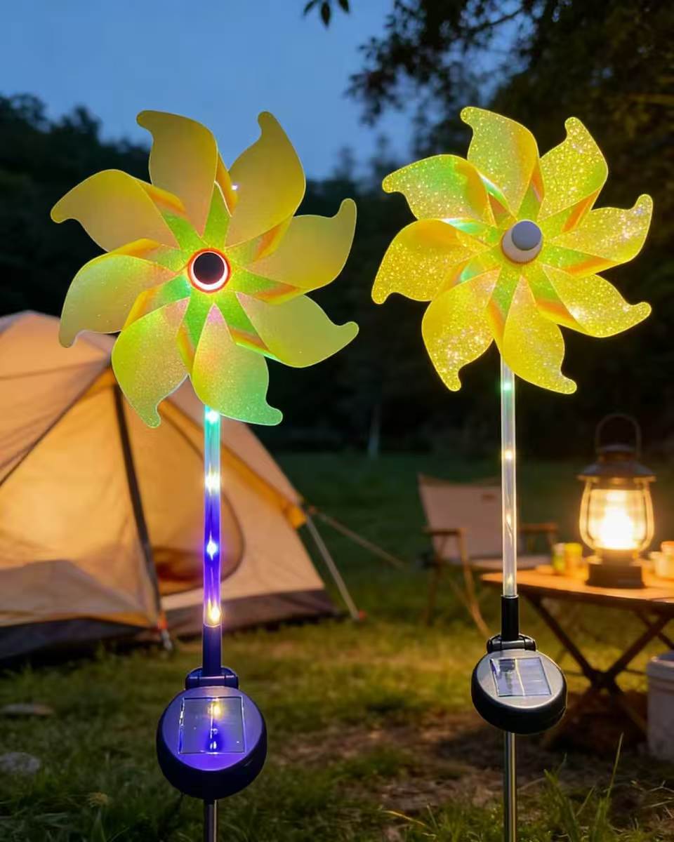 Solar-powered LED iridescent flower windmill garden stake