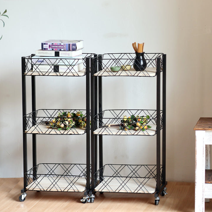Modern rolling cart with three shelves and wheels
