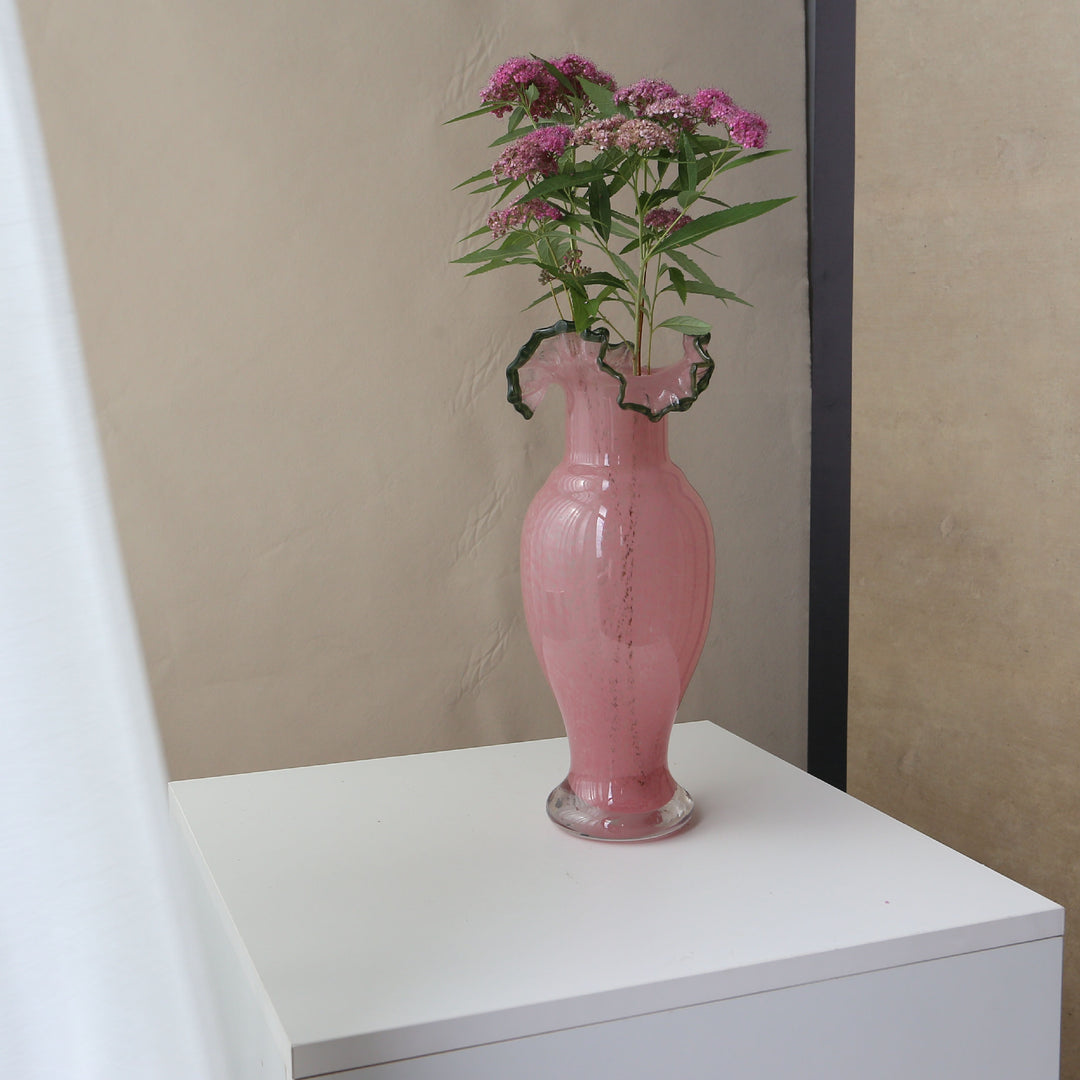 Hand-Blown Ruffled-Rim Tall Bulb Vase with Clear Weighted Foot