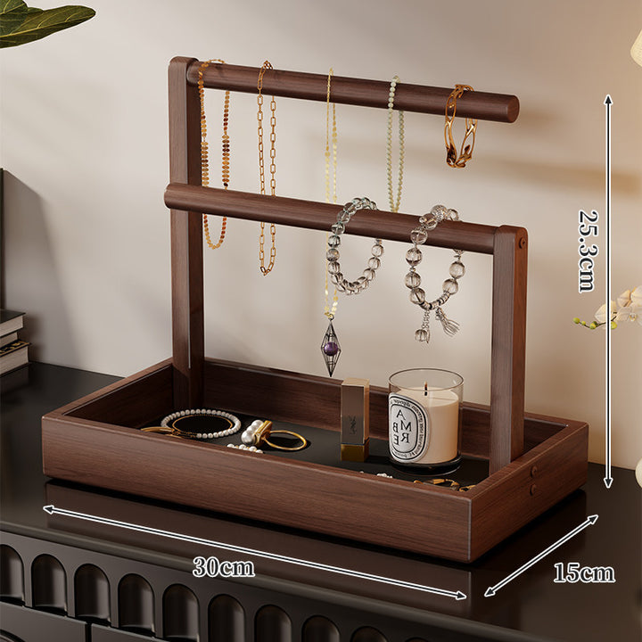 Two-Tier Wooden Jewelry Organizer Tray with Hanging Necklace Rods