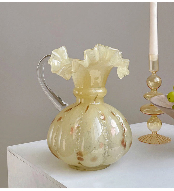 Artisanal Bulbous Milk-Glass Bud Vase with Frilled Neck & Speckled Inclusions