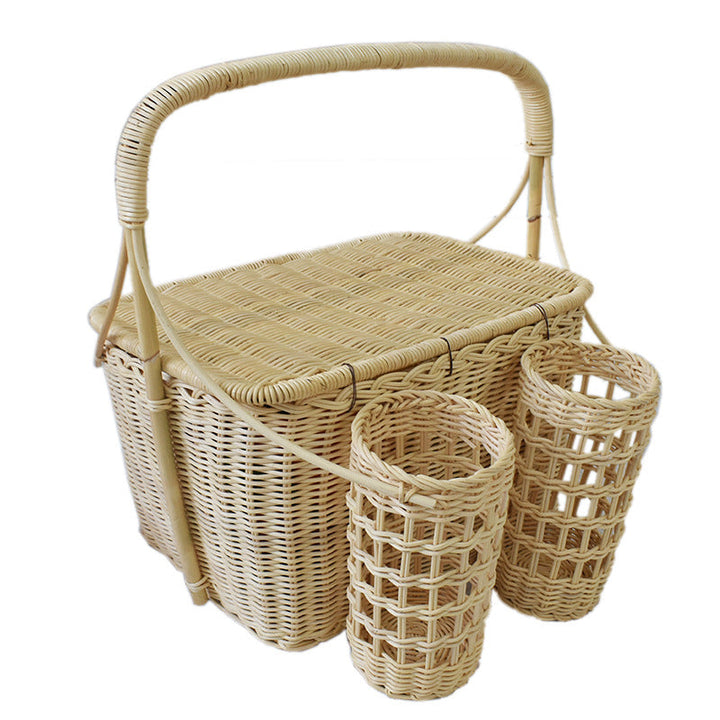 Handcrafted Woven Picnic Basket with Side Drink Holders