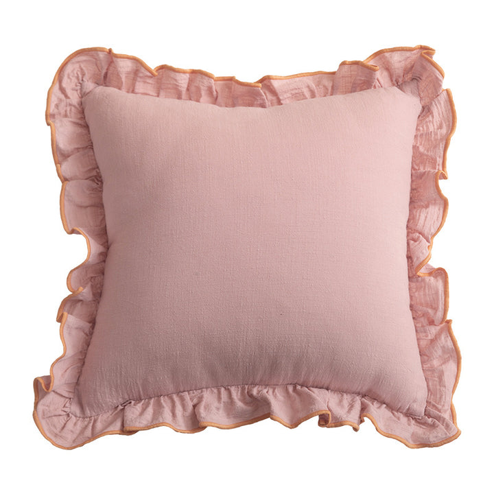 Square decorative pillow with ruffle and linen look