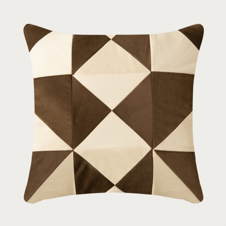 Square decorative cushion with striped velvet inlay and geometric pleated look