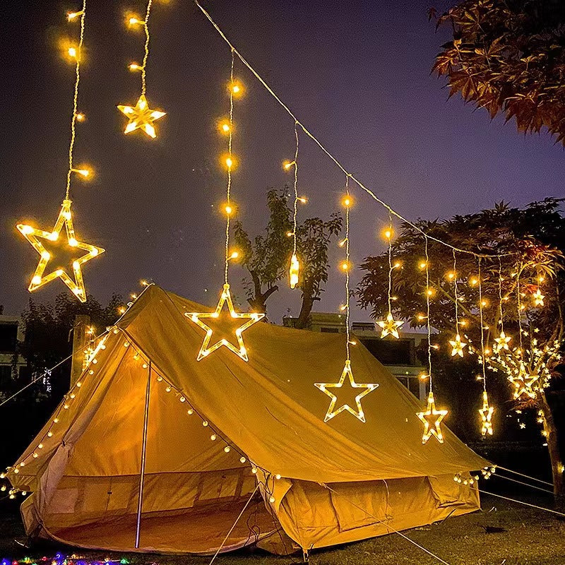 Festive LED Curtain String Lights with Hanging Star-Bell Tree and Reindeer Ornaments