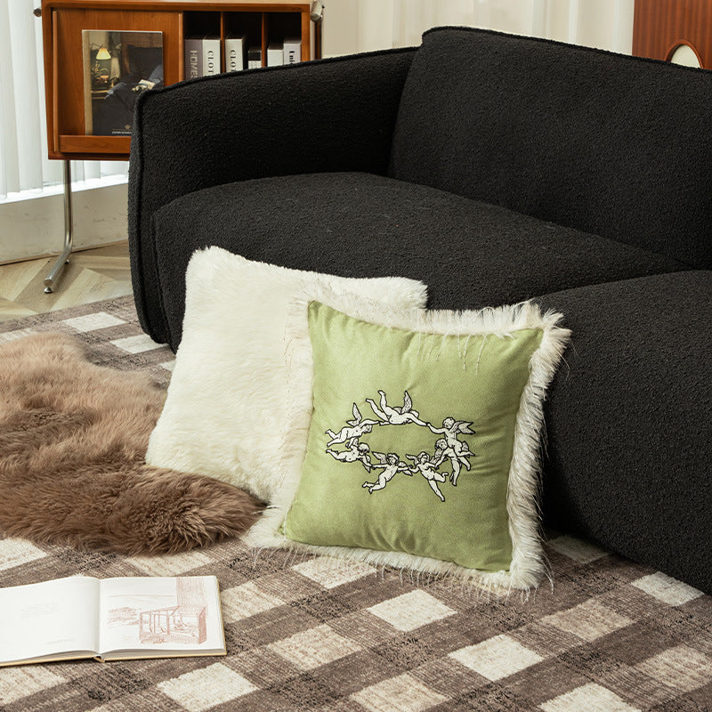 Square decorative velvet cushion cover with faux fur trim and cherub embroidery