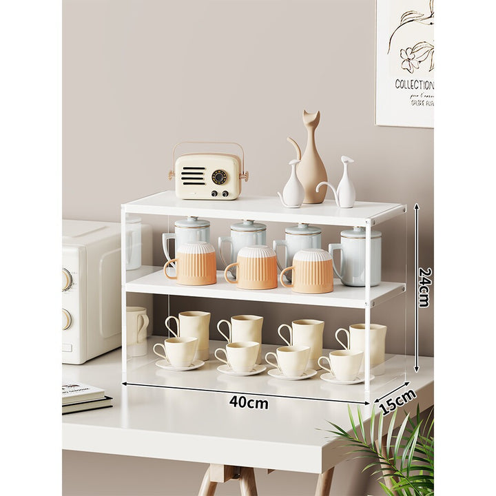 Multi-Level Bamboo-Style Countertop Kitchen Mug and Canister Organizer Shelf with Open Wood Shelves and Slim Metal Frame