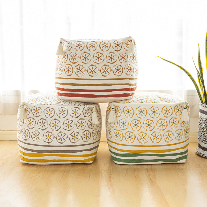 Square pouf seat cube made of cotton blend fabric with boho embroidery and tassels
