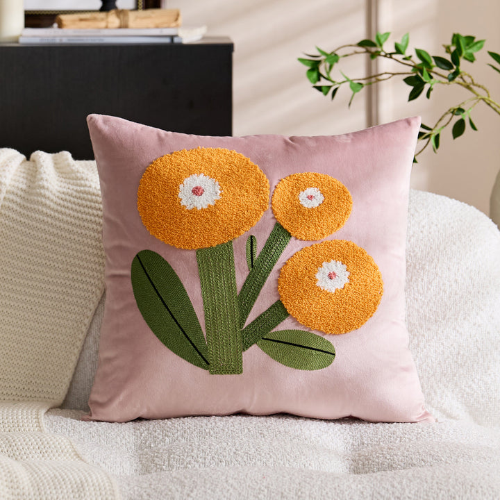 Square Velvet Appliqué Tufted Floral Accent Throw Pillow