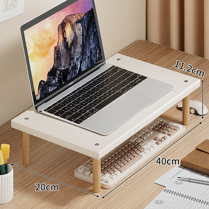 Compact Desktop Laptop and Monitor Riser with Under-Keyboard Storage and Wood Legs