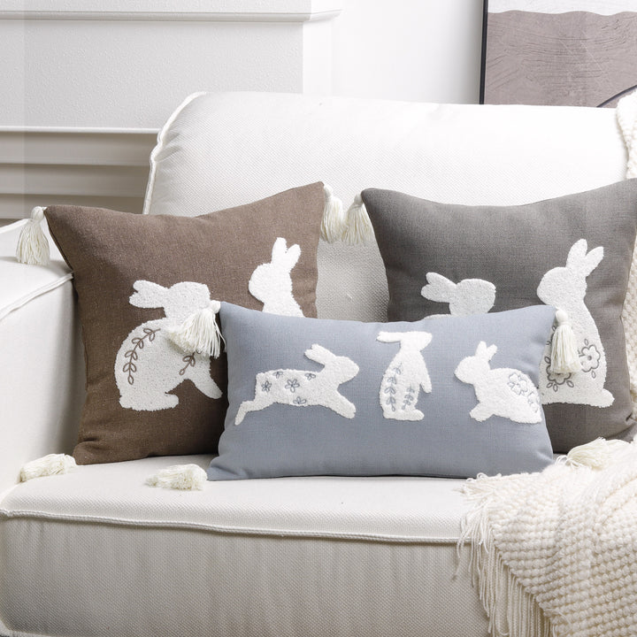 Decorative Lumbar Pillow Cover with Tufted Bunny Appliqués and Corner Tassels