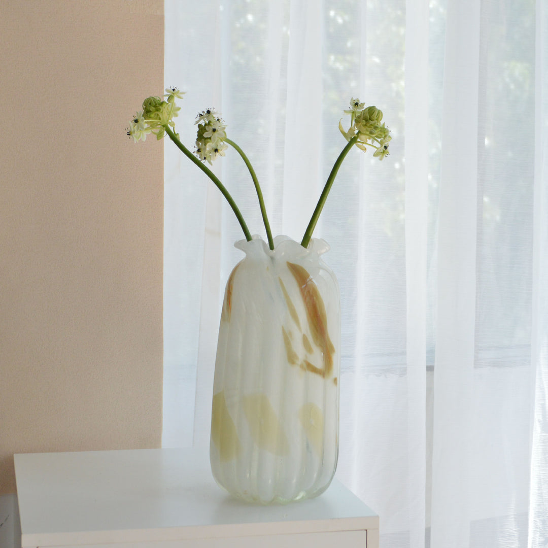 Hand-Blown Marbled Tall Glass Vase with Ruffled Lip and Sculpted Swirl Pattern
