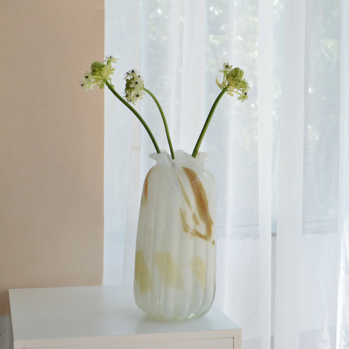 Hand-Blown Marbled Tall Glass Vase with Ruffled Lip and Sculpted Swirl Pattern