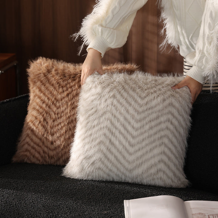 Square faux fur decorative cushion with chevron relief and soft inner filling