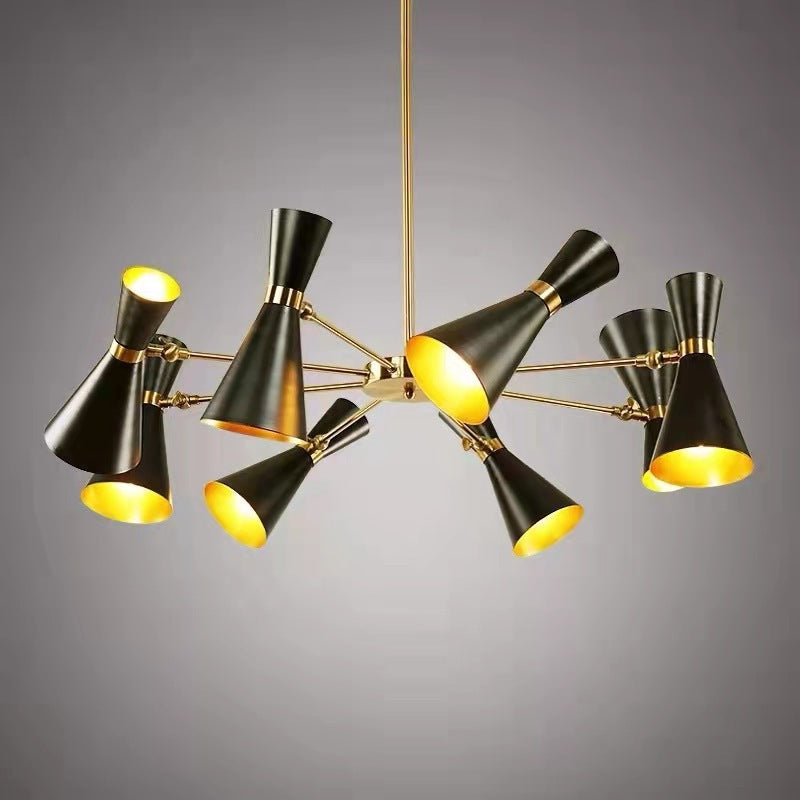 Mid-Century Six-Arm Double Cone Chandelier with Adjustable Swing Shades