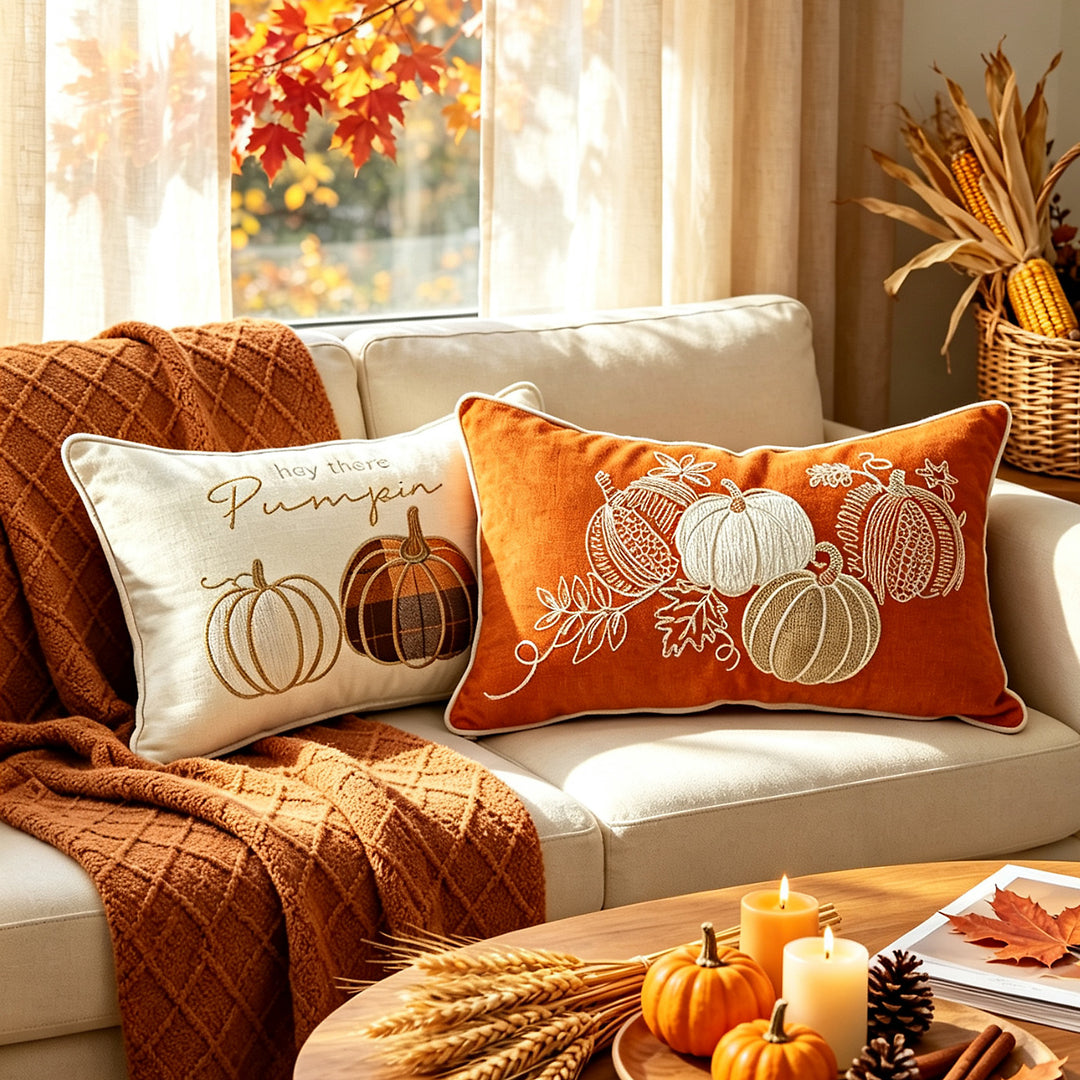 Embroidered Autumn Pumpkin Decorative Throw Pillow
