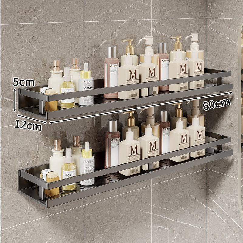 Compact Wall-Mounted Bathroom Shelf with Integrated Towel Rail and Multi-Hook Metal Organizer
